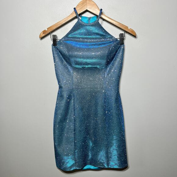 Sherri Hill Dress Blue Iridescent Miss Priss Prom Pageant Shimmer Halter Glam 4 - Picture 2 of 9